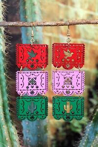 #1 Papel Picado 3 Panel Mexican Party Banner Dove Cactus Earrings Wood Handmade