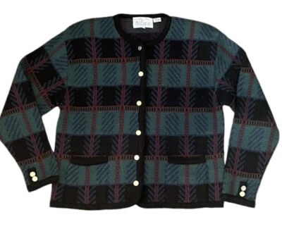 Cárdigan Suéter Vintage Años 80 Tally-Ho Pollak Granny Cuadros Verde Rojo Azul Botones L Foto 1 de 4
