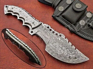 13" CUSTOM HANDMADE FORGED DAMASCUS STEEL TRACKER KNIFE DAMASCUS HANDLE+SHEATH - Foto 1 di 4