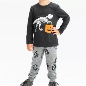Boys' 2pc Halloween Skeleton T-Rex Long Sleeve T-Shirt & Fleece Jogger Pants 2T - Picture 1 of 9