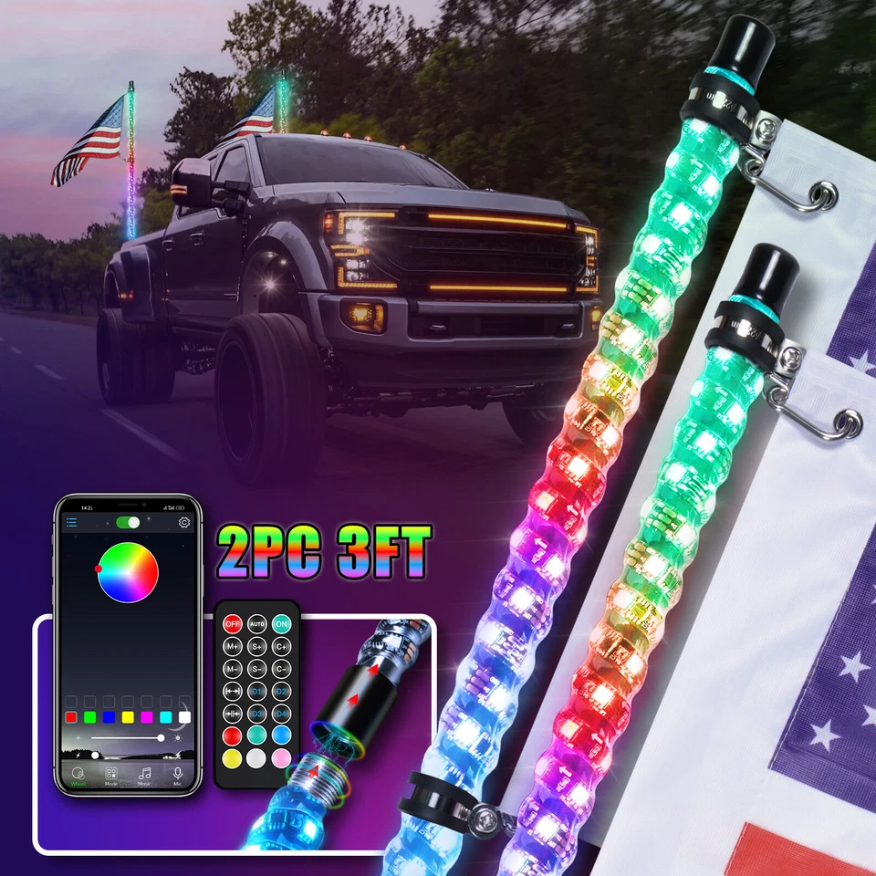 2X 3FT Espiral RGB LED Látigo Luz Bandera Antena Iluminada Control Remoto Para Offroad ATV UTV Foto 1 de 4