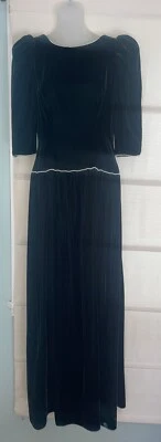 VTG Victorian Hunter Green Velvet Maxi Dress Custom Made For Wedding~Pearls~XS - Image 1 of 4