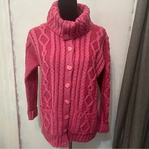 Aran Crafts Women’s Merino Wool Ireland Fisherman Cableknit Button Pink Small - Picture 1 of 9