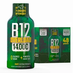 (48 Pack) GAQ B12 Overload Energy Shots, Grape, Up to 7+ Hours of Energy - Picture 1 of 11