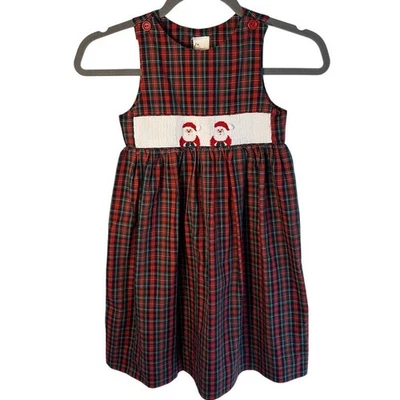 Smocked Giraffe Plaid Santa Smocked Dress Girls Size 5 Christmas Holiday Winter - Image 1 of 4