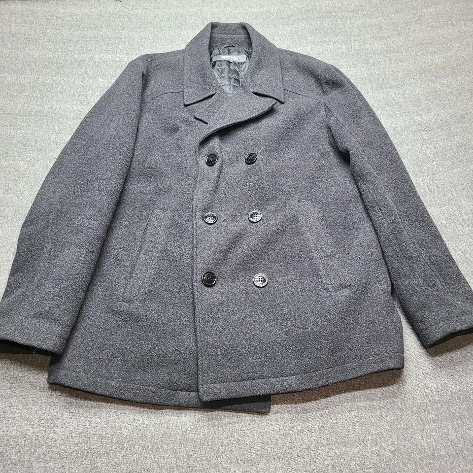 Kenneth Cole Reaction Coat Mens Large Gray Peacoat Double Breasted Wool Blend - Image 1 of 4