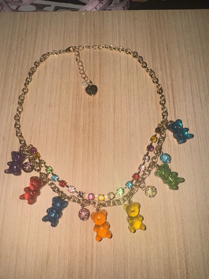 Collar Betsey Johnson Arco Iris Oso Gomoso Dije - Tono Dorado, Doble Cadena, Y2K Foto 1 de 4