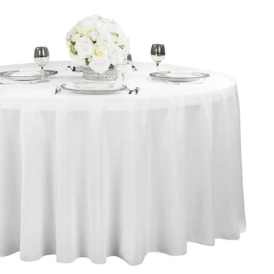 120” White Round Tablecloths 100% Polyester 5-Pack Wedding Banquet Event Linens - Image 1 of 4
