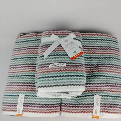 4 Set Caro Bathroom Towels (2) Hand & (2) Bath Wavy Stripes Purple Blue Green - Image 1 of 4