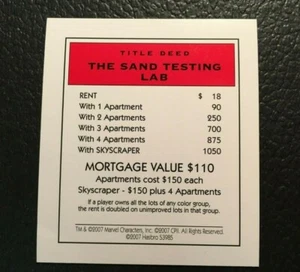 Monopoly Spiderman The Sand Testing Lab Title Deed Card 2007 - Picture 1 of 4