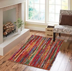 Rug Runner Rectangle Cotton Chindi Hand Braided Farmhouse Area Rug Boho Rug - Picture 1 of 7