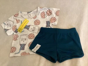gemischte Marken süß Milk & Cookies Druck T-Shirt türkis Stretch Shorts neu mit Etikett 6-12 Monate - Bild 1 von 9
