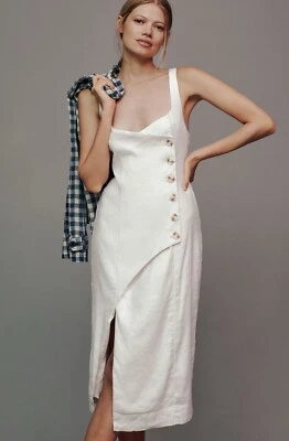 Vestido Anthropologie Midi Marfil Sin Mangas Lino Botón Envolvente Preppy Pequeño Nuevo con Etiquetas Foto 1 de 4