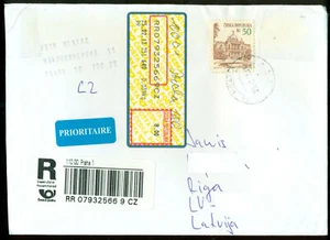 CZECH REPUBLIC R-COVER WITH APOST ATM LABEL PRAHA-100 ABROAD to LATVIA 2013 - Picture 1 of 1