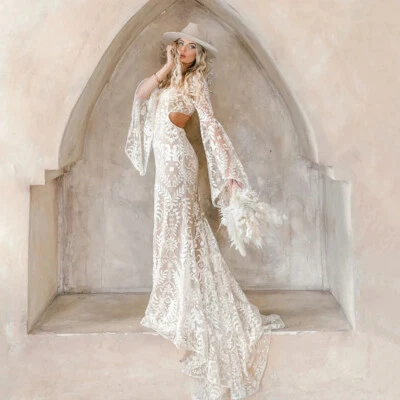Vestido de Noiva Boho Sereia Decote Quadrado Mangas Asa de Morcego Aplique de Renda Vestido de Noiva - Imagem 1 de 4