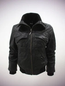 Giacca bomber Bench donna in vera pelle nera 10/S RRP £ 140 (NUOVA CON ETICHETTE) - Foto 1 di 5