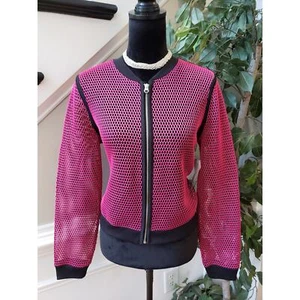 a.n.a Bomber Jacket Womens PL Pink Black Mesh Polyester Long Sleeve Full Zip - Picture 1 of 14