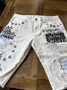 Smoke Rise White Jean Shorts Mens 36 Distressed Streetwear Denim Paint Splatter - Picture 1 of 9