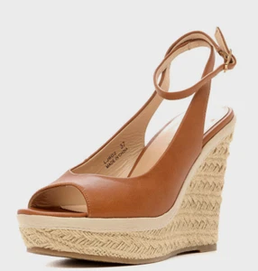 Reserved Womens UK 4.5 EU 37 Tan Brown Wedge High Heel Espadrille Sandals Shoes - Picture 1 of 5