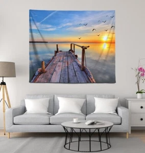 NEW 70” x 60” Ocean Sunset Wooden Dock Birds Tapestry Wall Decor w/Clips - Picture 1 of 3