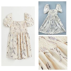 H&M Smocked-Bodice Floral Ivory Dress Short Puff Sleeves Women’s Small - Picture 1 of 13
