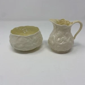 VTG Belleek Lotus Creamer and Open Sugar Set Ireland Yellow Inside 4th Marking - Picture 1 of 6