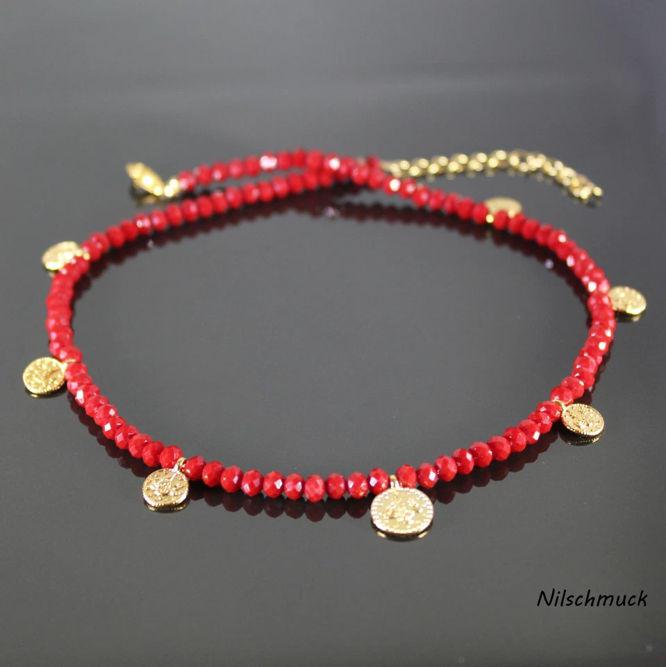 Damen Glasperlen Halskette mit Gold Münzen rot 45cm mit Verlängerungskette Frau - Bild 1 von 1