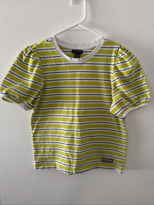U.S. Polo Assn. yellow and blue striped short-sleeve top with puffed sleeves szS - Image 1 of 4