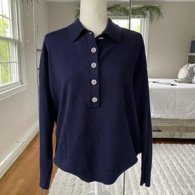 Suéter Boden Cuello Joyas Botón Azul Marino 10 Algodón Mezcla Lana Jersey Foto 1 de 4