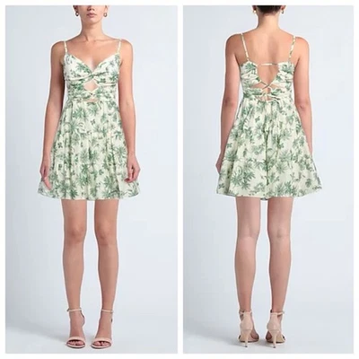 Sandro Mini Sun Dress Linen Palm Trees White Green Size 2 - Image 1 of 4