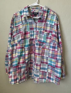 Lands End Womens Plus 2X Patchwork Print Shirt LS Cottage Prairie Button Top - Picture 1 of 6