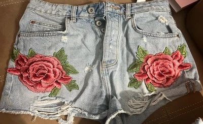 Pantalones Cortos de Jean Trafaluc by Zara Para Mujer Talla 4 Azul Denim Floral Bordado Foto 1 de 4