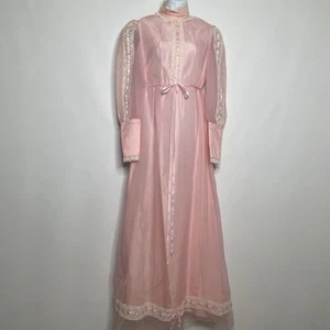 Vintage 70s Jean Allen Pink Chiffon Taft Ivory Lace Prairie Maxi Dress Size 4 - Bild 1 von 10