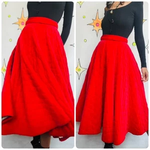 True Vintage 1950s Cherry Red Quilted Velvet Circle Skirt - Swing Rockabilly - S - Picture 1 of 12