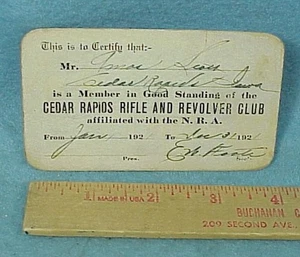 Cedar Rapids Rifle Club Membership Card / NRA - 1921 - bx2 - Bild 1 von 3