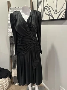 Filigrana Negro Drapeado Cintura Caída Vestido Cóctel-Noche Lentejuelas Almohadillas para el Hombro 8 - Imagen 1 de 11