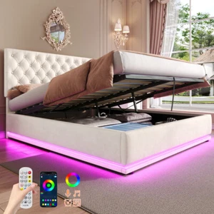 Double Ottoman Bed with LED Lighting Velvet Upholstered Bed w/ Hydraulic Storage - Picture 1 of 22