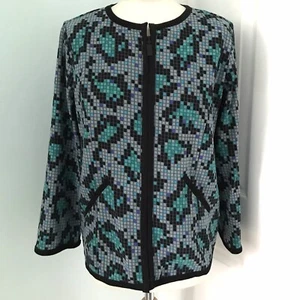 Bob Mackie Thin Zip Jacket Green Blue Black Mosaic Animal Print Size S Approx 12 - Picture 1 of 5