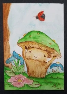 Aceo Original watercolor Painting Flower Mushroom People Lady bug Fantasy Nikki - Picture 1 of 1