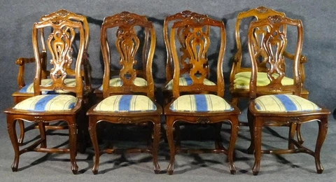 Set of 8 French Louis XV Carved Walnut Twist Back Dining Chairs, C1960s Cover