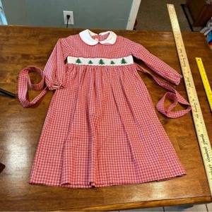 Vintage Anavini red plaid Christmas tree smocked dress size 6x 100% cotton - Picture 1 of 6