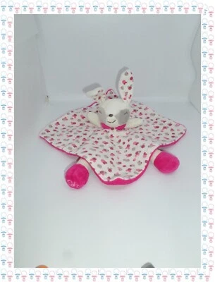 ☾ - Doudou  Semi Plat Carré  Lapin Biche Blanc Rose Fuchsia Gris Obaibi - Photo 1/2
