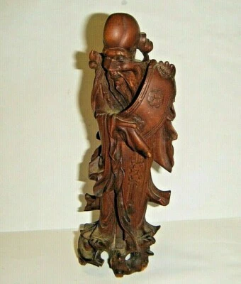 Antigua estatuilla de talla de boj de 6,5" de dios Dieti chino Qing con pergamino Foto 1 de 4