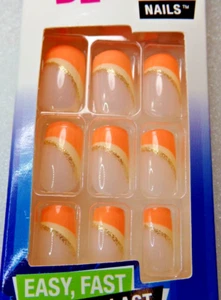 Broadway NAILS GLUE ON Medium, Shiny Orange with Gold Accent Stripes - Picture 1 of 3