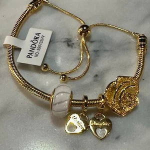 Pandora Genuine Gold Plated SLIDER Bracelet, MOTHER/DAUGHTER 3 CHARM GIFT BOX - Picture 1 of 10