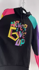 Vintage Style Color Block Hoodie XL Never Give Up Black Purple Blue Yellow Pink - Picture 1 of 3