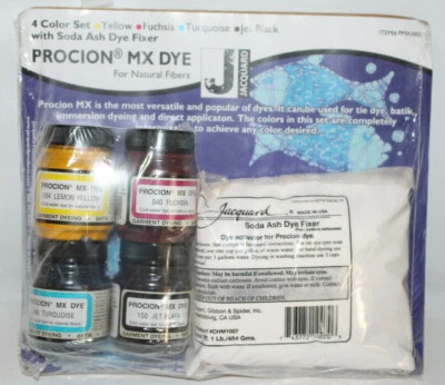 Juego de tinte Jacquard Procion MX 4 colores con fijador de ceniza de soda amarillo fucsia turq jet Foto 1 de 4