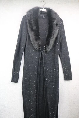 WHBM Long Black Sequin Cardigan-Size Small-Mob Wives-Faux Fur Collar-Whimsigoth - Image 1 of 4