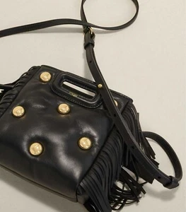 Maje Fringed Black Padded Tote Bag with Gold Studs in Black Calfskin Leather - Picture 1 of 7