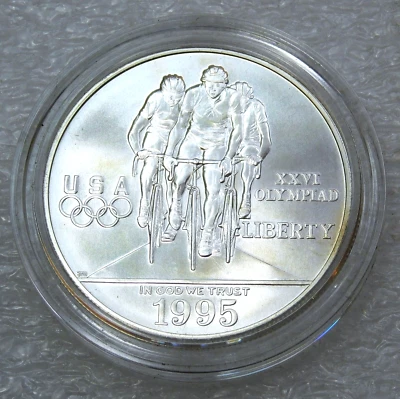 1995 D US Mint Olympic Cycling Uncirculated Silver Dollar in US Mint Cap #LM289 - Image 1 of 3